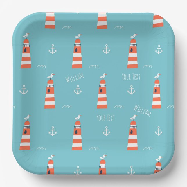 Kids Lighthouse and Anchor Pattern on Blue Paper Plate (Front)