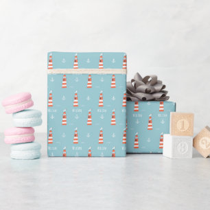 Kids Lighthouse and Anchor Pattern on Blue Wrapping Paper
