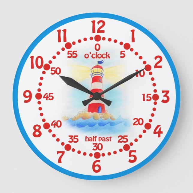 Kids lighthouse learn time blue white wall clock (Front)
