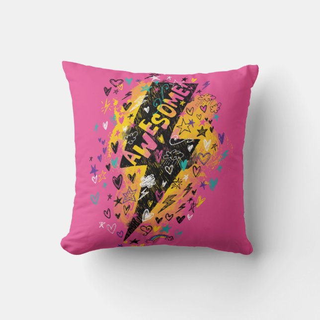 Kids Lightning Bolt Awesome Doodle Pink Cushion (Front)