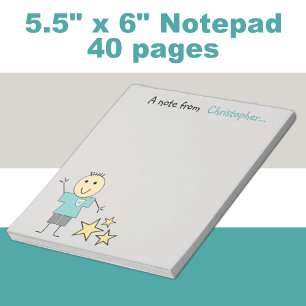 Kids little stick boy grey and green with name notepad