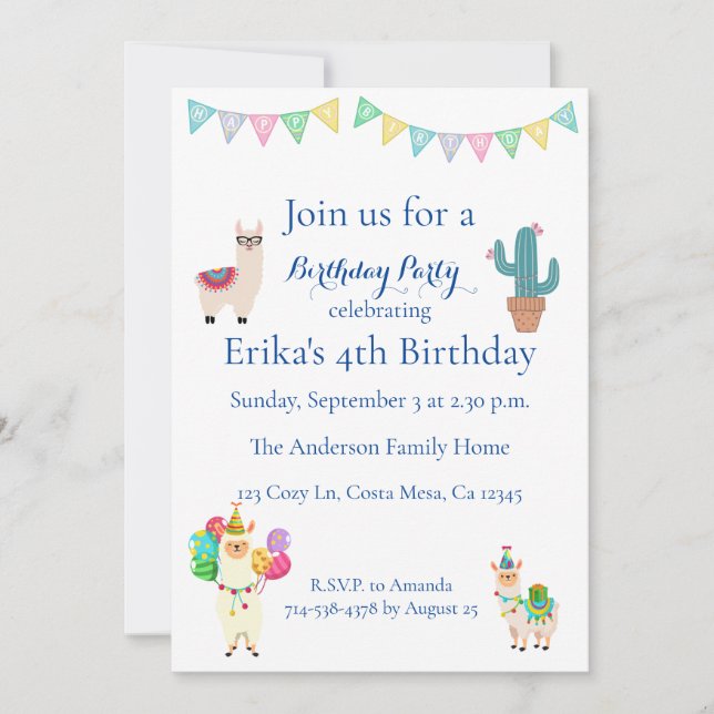 Kids Llama Cactus Birthday Party Invitation (Front)