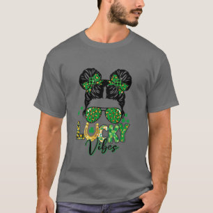 Kids Lucky Vibes Double Bun Shamrock St Patricks D T-Shirt