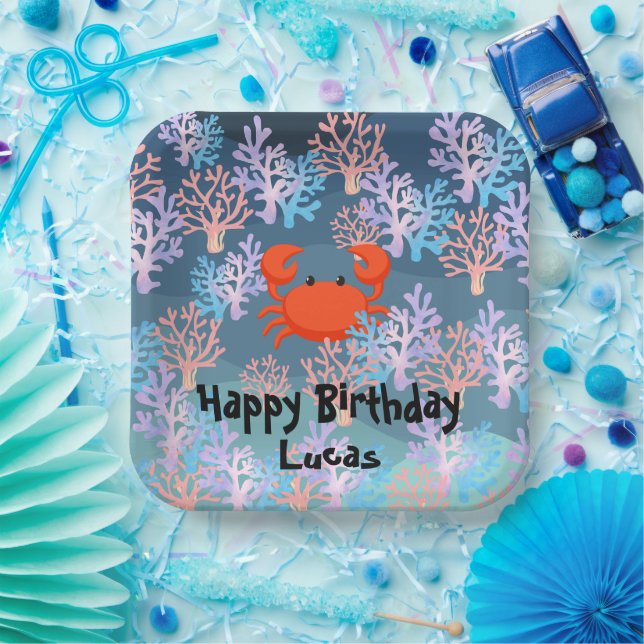kids magical crab under the sea rainbow pastel paper plate (Party)