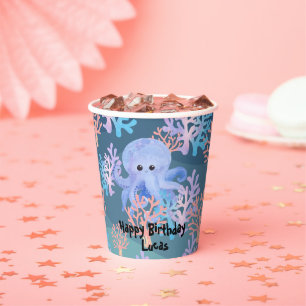 kids magical octopus under sea Navy blue gradient Paper Cups