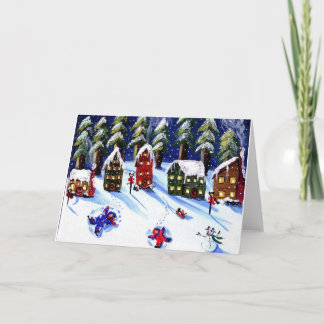 Kids Make Snow Angels Holiday Folk Art Card