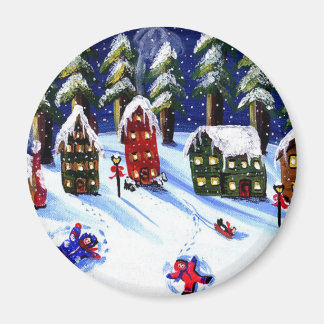 Kids Make Snow Angels Holiday Folk Art Magnet