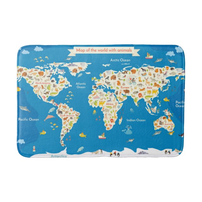 Kids Map of the World With Animals Bath Mat (Front)