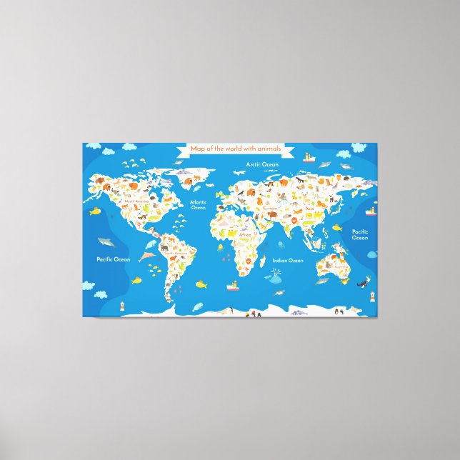 Kids Map of the World With Animals Canvas Print (Front)