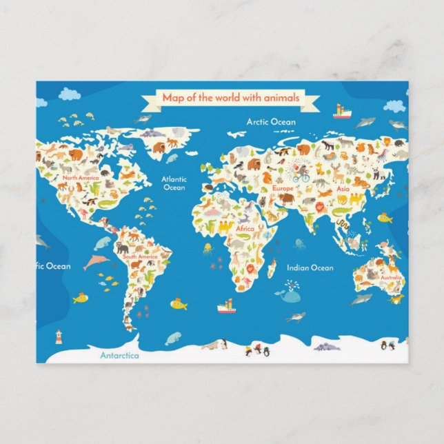Kids Map of the World With Animals Postcard (Front)