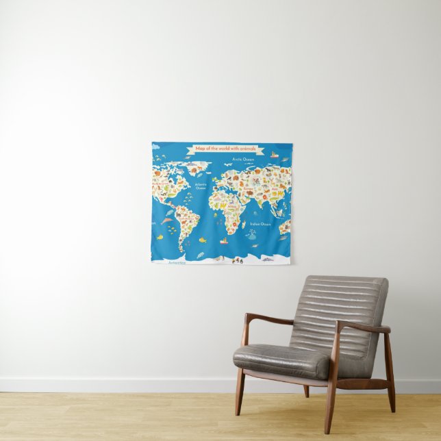Kids Map of the World With Animals Tapestry (In Situ (Horizontal))