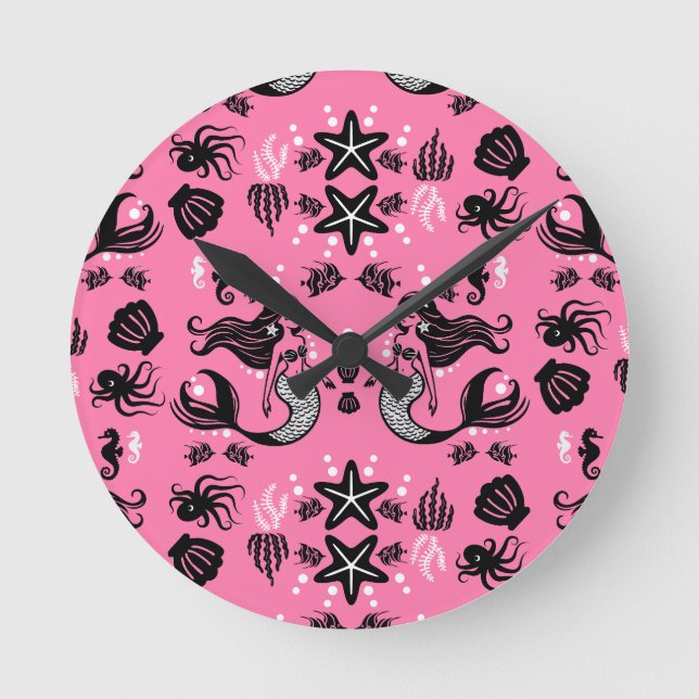 Kids Mermaid Pink Round Clock (Front)