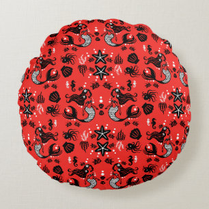 Kids Mermaid Red Pink Round Cushion