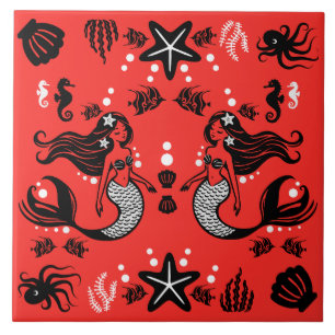 Kids Mermaid Red Pink Tile