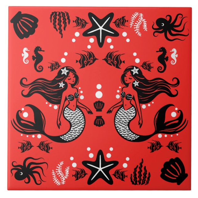 Kids Mermaid Red Pink Tile (Front)