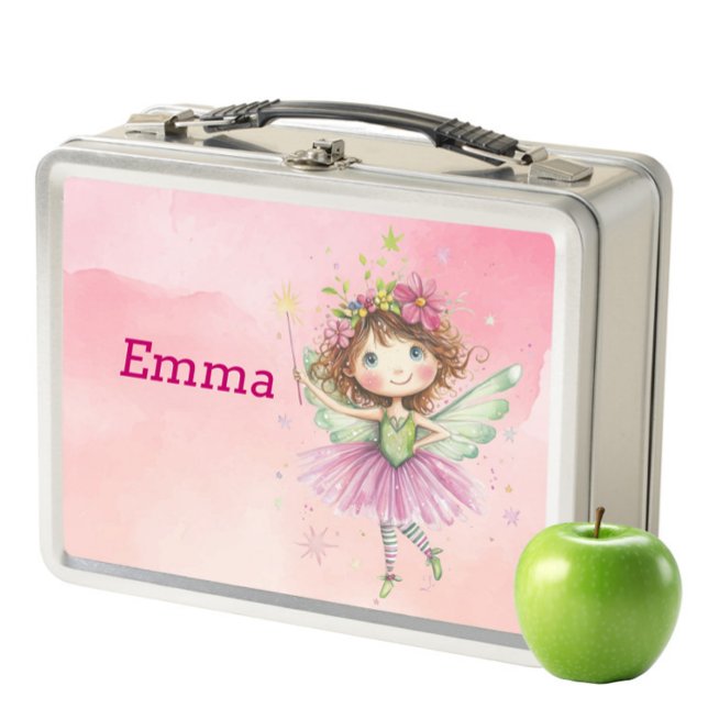 Kids Metal Lunch Box - Personalised Pink Fairy  (KIDS LUNCHBOXES - Pink Watercolour Pastel, Cute Fairy Personalised Lunch Box/Snack Box)