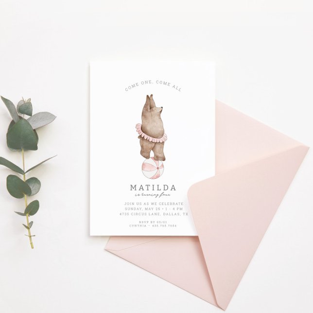 Kids' Modern Bear Circus | Girls Birthday Party Invitation (Creator Uploaded)