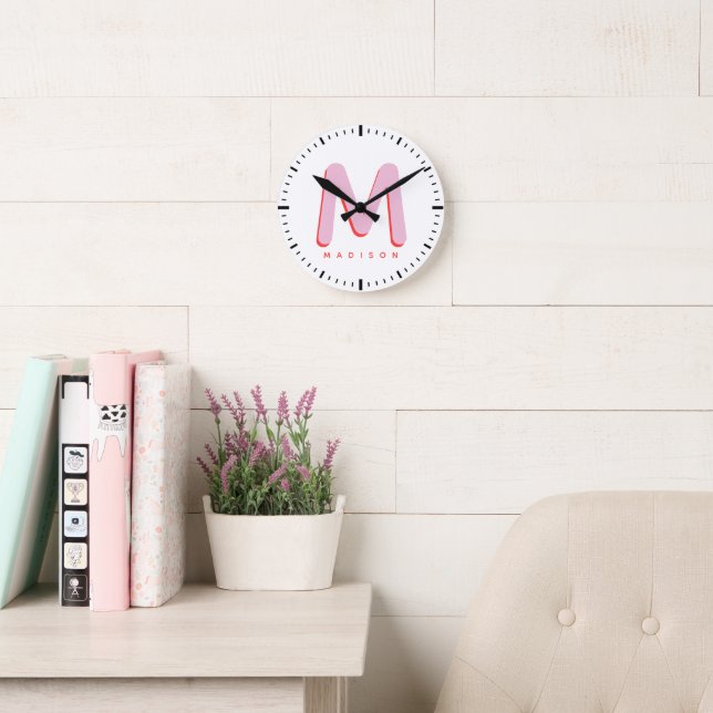 Kids Modern Cute Fun Custom Name 3D Monogram Round Clock (Reading Room)