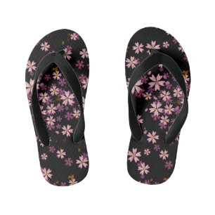 Kids Modern Lavender Purple Wild Flowers on Black Kid's Jandals