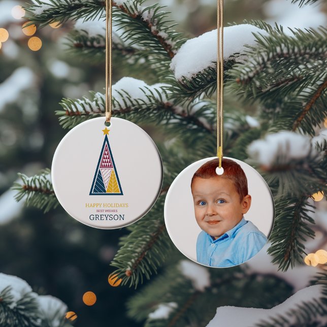 kids modern minimal geometric christmas  ceramic tree decoration (double sided christmas ornament ideal for a teachers christmas gift. modern grometric tree design )