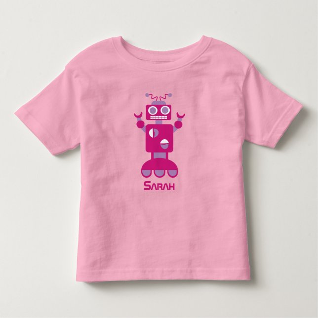 Kids Modern Pink Purple Robot Personalised Girls Toddler T-Shirt (Front)