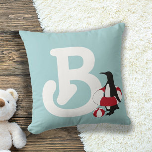 Kids Monogram Light Blue Cute Cartoon Penguin Cushion
