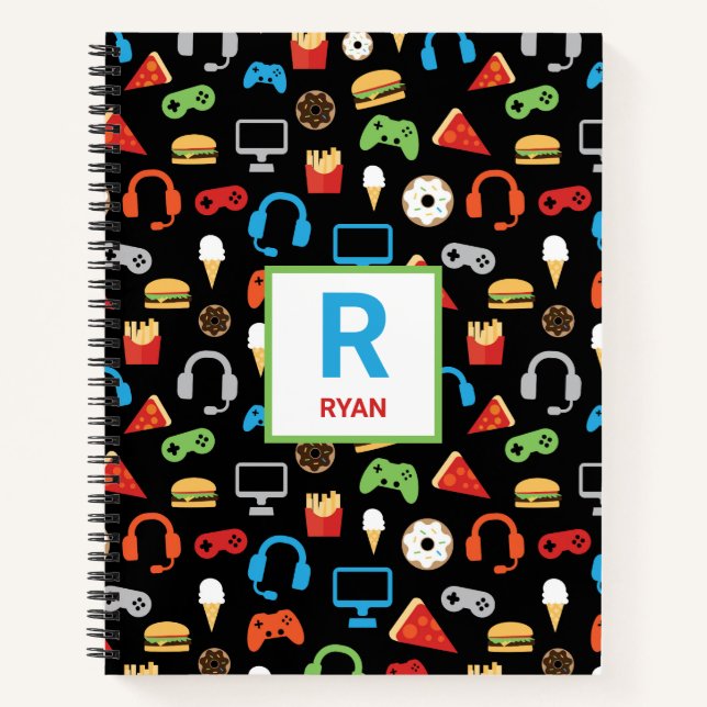 Kids Monogrammed Video Game Party Pattern Gamer Notebook (Front)