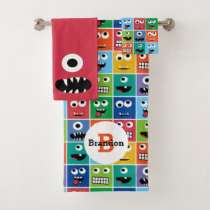 Kids Monster Face Pattern Colourful Monogram Boys Bath Towel Set