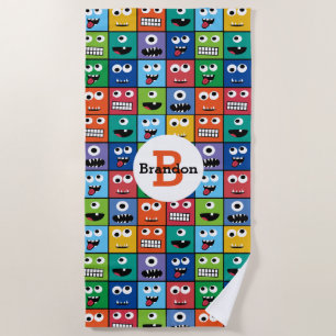 Kids Monster Face Pattern Colourful Monogram Boys Beach Towel