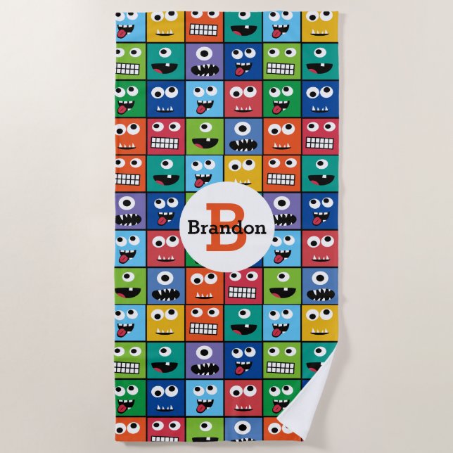 Kids Monster Face Pattern Colourful Monogram Boys Beach Towel (Front)