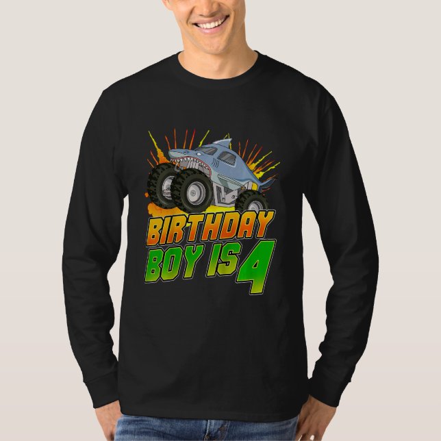 Kids Monster Truck Birthday Boy Is 4 Kids 4th Birt T-Shirt (Front)