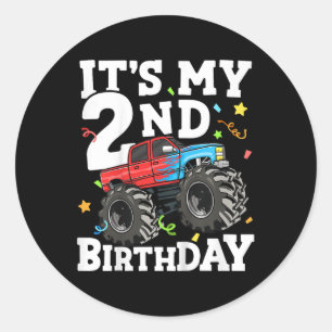 Kids Monster Truck Its My 2nd Birthday Boy Two 2 T Classic Round Sticker