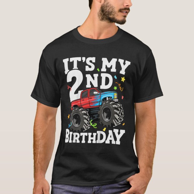 Kids Monster Truck Its My 2nd Birthday Boy Two 2 T T-Shirt (Front)