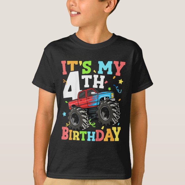 Kids Monster Truck Its My 4th Birthday Boy 4 Four  T-Shirt (Front)
