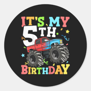 Kids Monster Truck Its My 5th Birthday Boy 5 Five  Classic Round Sticker