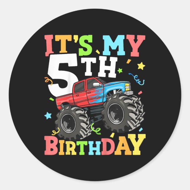 Kids Monster Truck Its My 5th Birthday Boy 5 Five  Classic Round Sticker (Front)