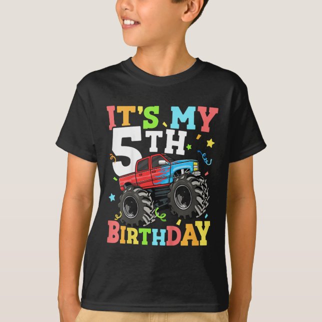 Kids Monster Truck Its My 5th Birthday Boy 5 Five  T-Shirt (Front)