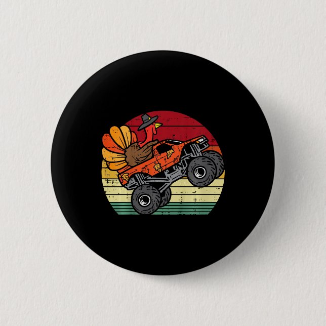 kids monster truck turkey sunset retro thanksgivin 6 cm round badge (Front)