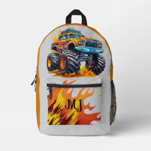 Kids Monster Truck with Orange Flames Initials Printed Backpack