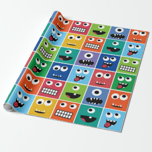 Kids Monsters Pattern Monster Faces Colourful Funn Wrapping Paper