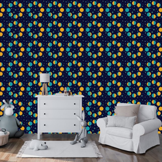 Kid's Moon Phases and Star Twinkles Dark Blue Wallpaper (Kid's Room or Playroom Moon Phases and Stars Twinkles Dark Blue | Golden Yellow | Aqua Wallpaper)