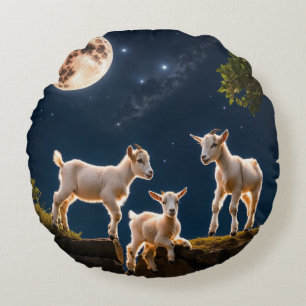 "Kid's Moonlight Flight: Whimsical Baby Goat Pillo Round Cushion