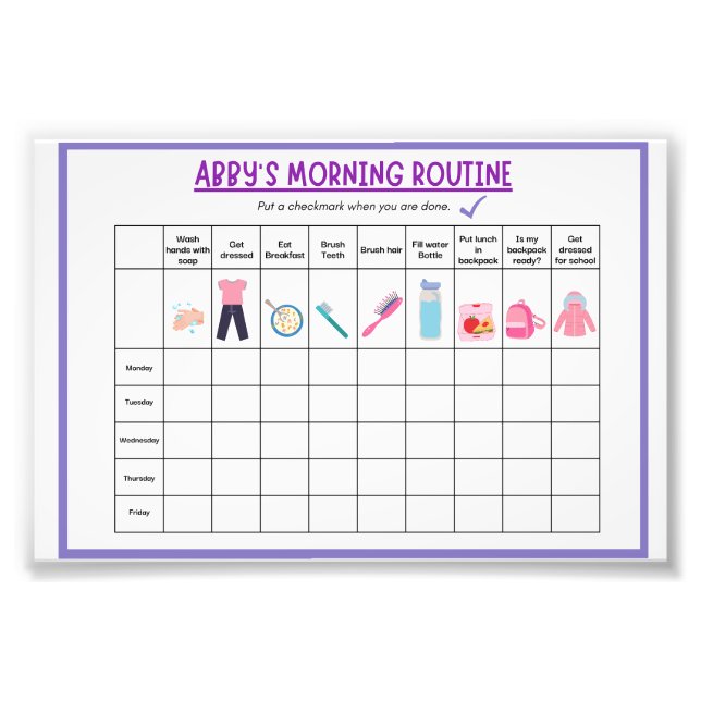 Kids Morning Routine Checklist with Cute Icons Photo Print (Front)