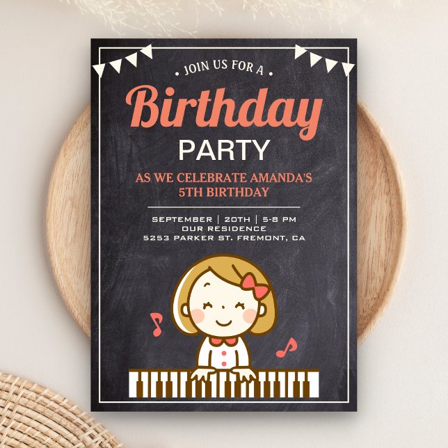 Kids Music Theme Cute Girl Pianist Birthday Party Invitation (Creator Uploaded)