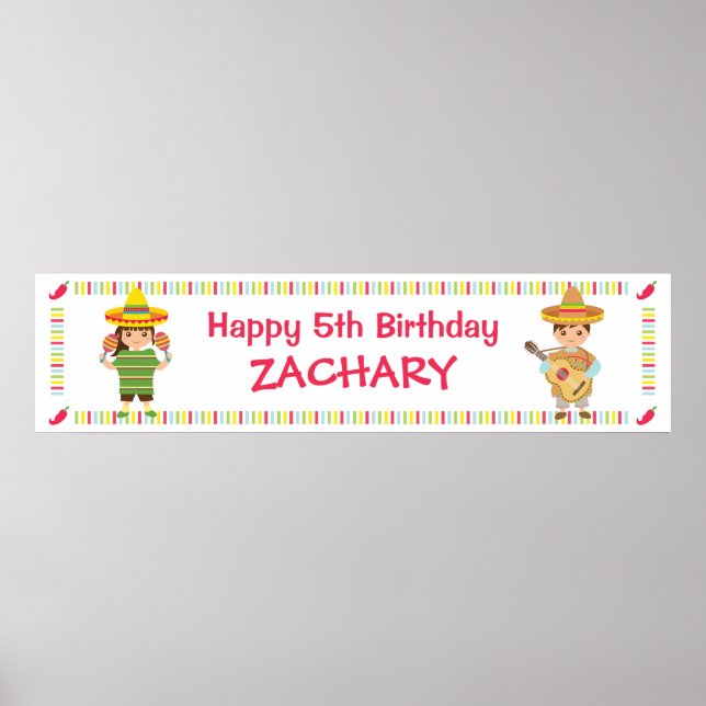 Kids Musical Mexican Fiesta Birthday Party Banner Poster (Front)