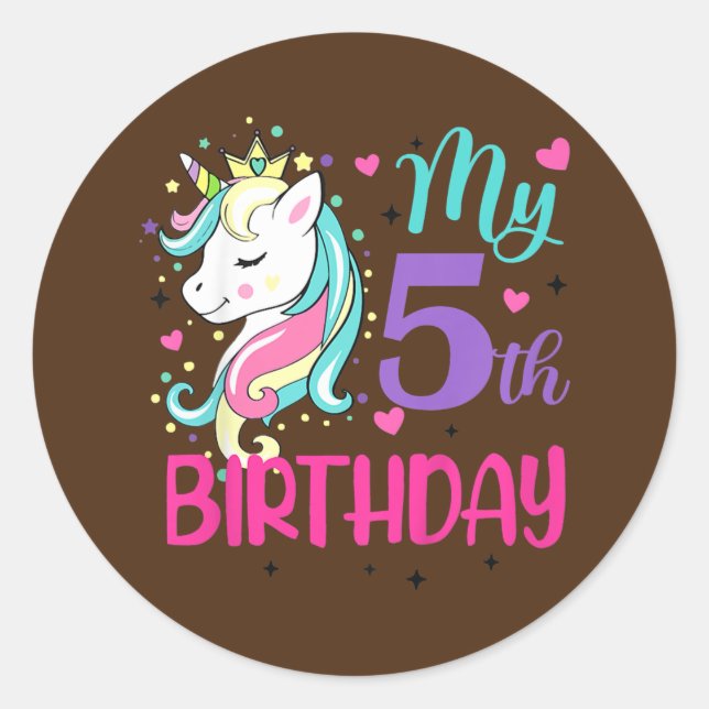 Kids My 5th Birthday Cute Unicorn Lover Birthday Classic Round Sticker (Front)