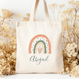 Kids Name Boho Rainbow Heart Earth Tones Tote Bag