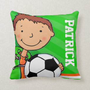 Kids name boy football soccer green pillow cushion