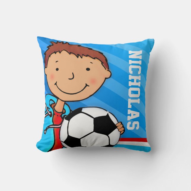 Kids name boys football soccer blue pillow cushion (Front)