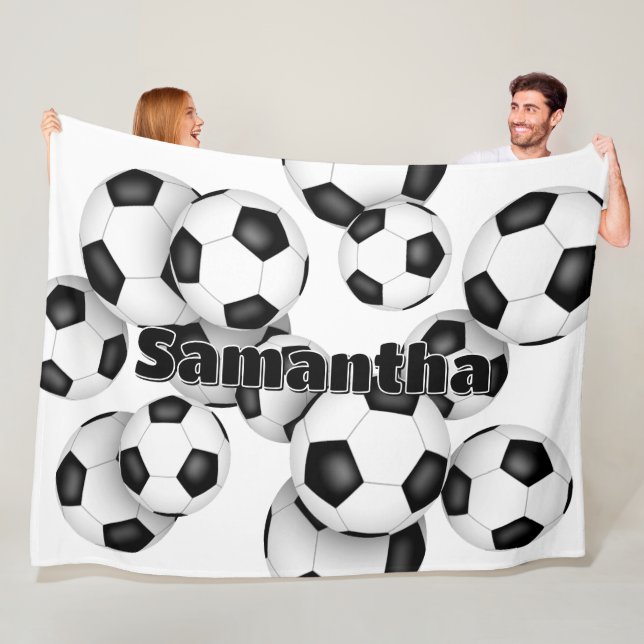 kids name cluster of soccer balls athletic decor fleece blanket (In Situ)